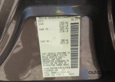 2013 Nissan Altima 2.5 Sl from USA, damaged, VIN 1N4AL3AP7DN583299